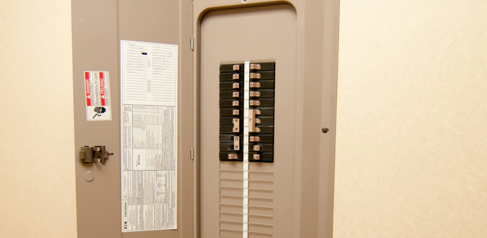 light grey electrical panel attached to a beige wall